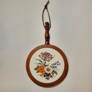 Vintage, 1970s, MCM, Cornwall Wood Paddle Trivet With Floral Ceramic Tile Insert